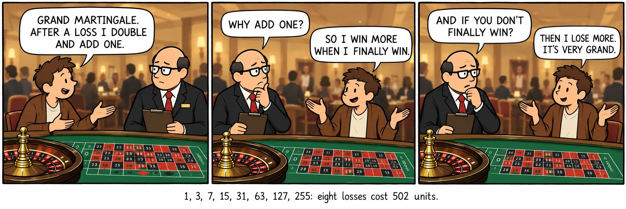 1, 3, 7, 15, 31, 63, 127, 255: otto perdite costano 502 unità.
