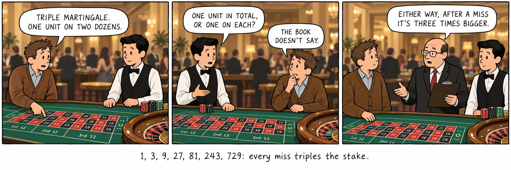 1, 3, 9, 27, 81, 243, 729: ogni mancata uscita triplica la posta.